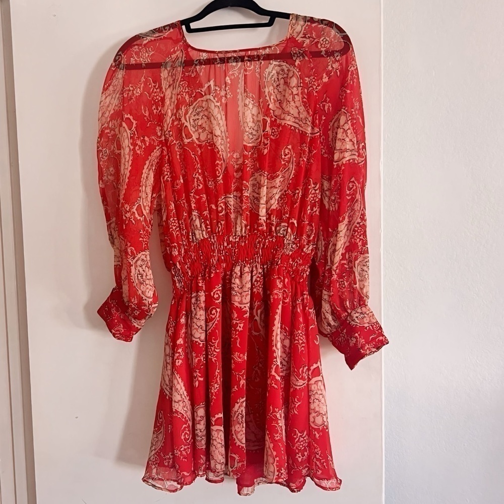 Zara Paisley Chiffon Long Sleeve Mini Dress Red Pink – Size M